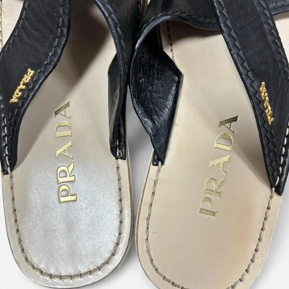 PRADA Criss Cross Black Leather Slide Sandals